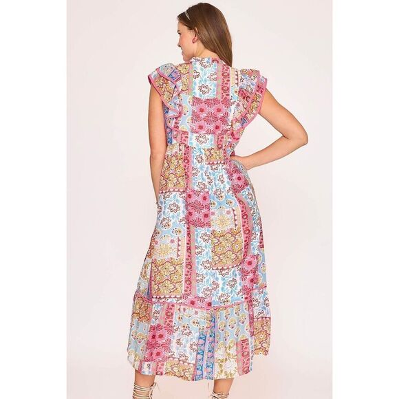 Umgee Patchwork Print Layered Ruffle Sleeve Boho Dress Sz Large - Picture 3 of 5